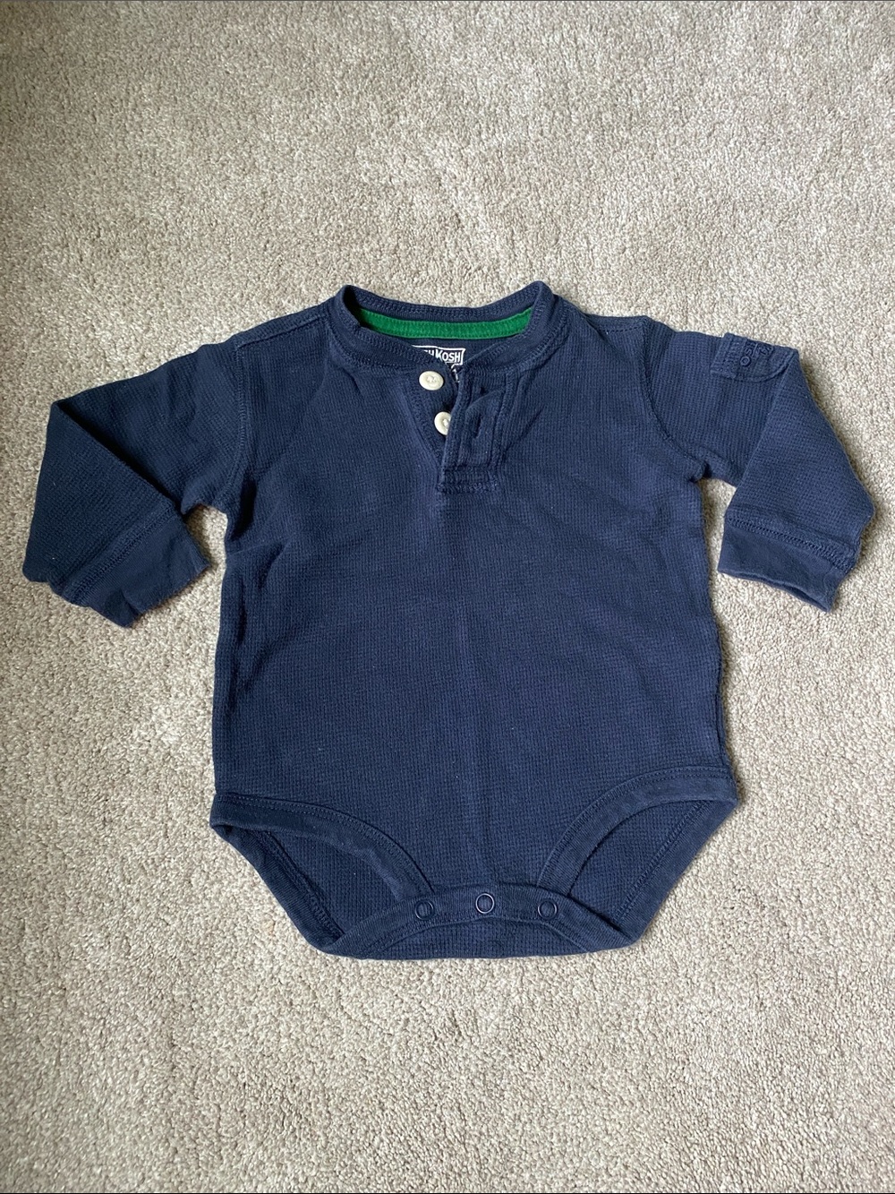 OshKosh B'gosh 12 Month Navy Long-Sleeve Waffle Knit Bodysuit with Green Trim